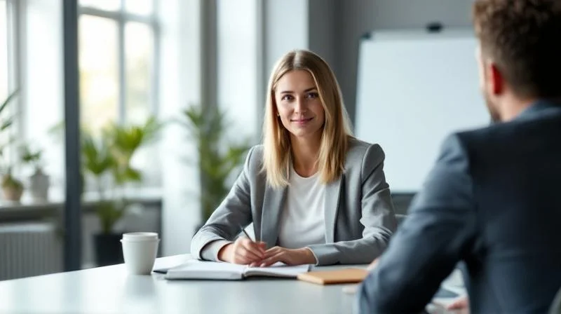 Mann und Frau diskutieren über Weiterbildung an einem Tisch in Heilbronn