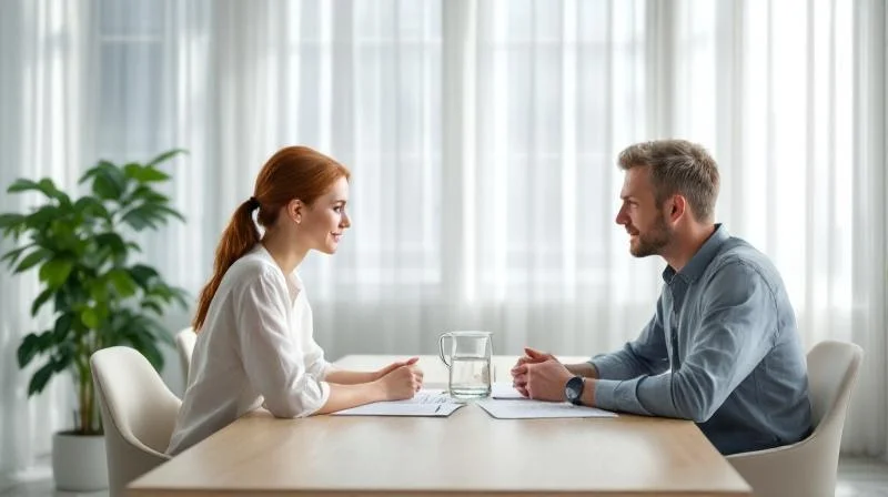 Frau und Mann besprechen Unterlagen in einem hellen Besprechungsraum