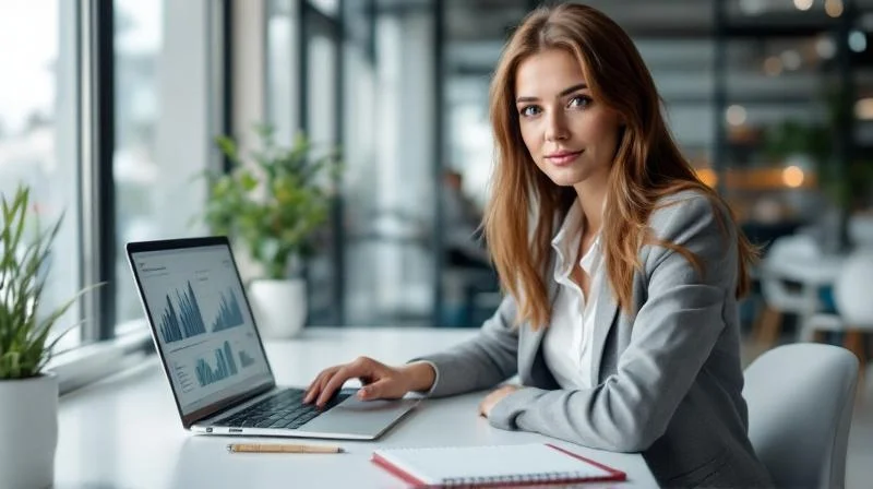Frau am Laptop in einem modernen Buero in Heilbronn mit Blick auf die Stadt