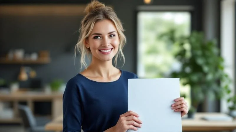 Frau hält stolz ihre IHK-Urkunde in einem hellen Büro in Baden-Württemberg