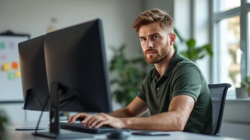 Mann lernt am Laptop in einem hellen Raum in Heilbronn für seine Umschulung