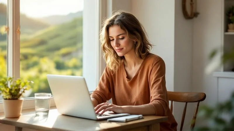 Frau arbeitet am Laptop in einem hellen Raum mit Blick auf gruene Weinberge