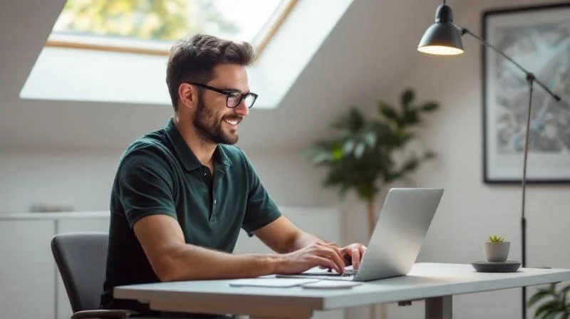 Mann mit Brille arbeitet konzentriert am Laptop in einem modernen Homeoffice